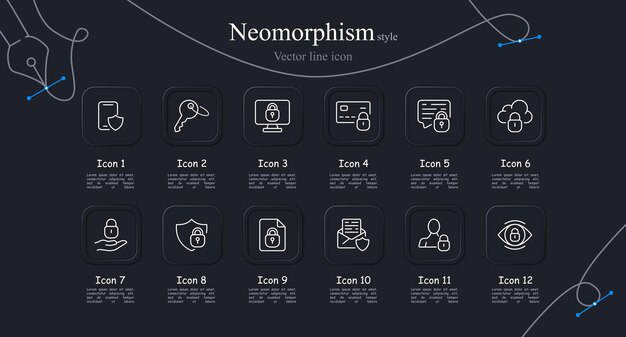 Configuración de íconos de seguridad Smartphone escudo bloqueo de ojos monitor clave encriptación de correo estilo Neomorfismo ícono de línea vectorial para negocios y publicidad