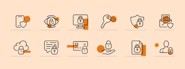 Configuración de iconos de seguridad Smartphone escudo bloqueo de ojos monitor mensaje clave fondo de color pastel icono de línea vectorial para negocios y publicidad