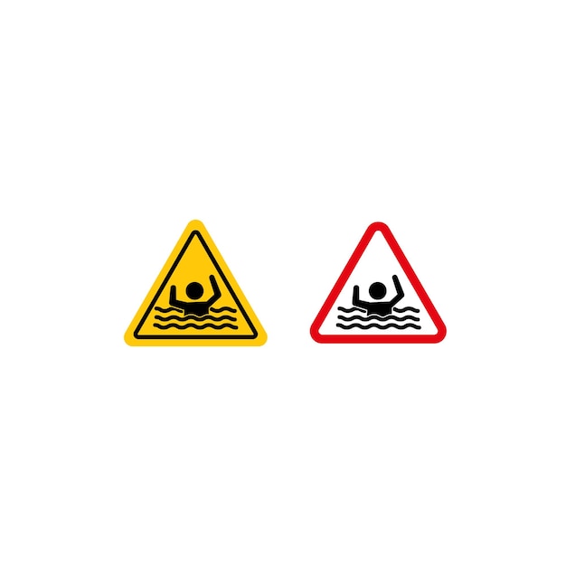 Configuración de iconos de señales de advertencia de riesgo de ahogamiento Atención para aguas profundas y cuerpos con riesgos de ahogarse símbolo vectorial en un estilo negro lleno y delineado Señal de alerta de seguridad en el agua y riesgo de afogamiento