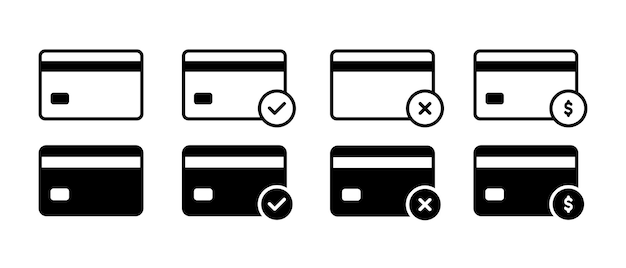 Configuración de iconos vectoriales de carrito de crédito Significado y símbolo de carrito bancario de contorno y negro aislados