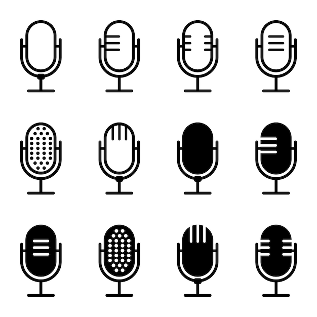 Configuración de iconos vectoriales de micrófono Icones de micró fono en un fondo aislado Micrófono de podcast de karaoke