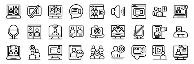 Configuración de iconos de videollamadas Personas que utilizan la aplicación de videollamas para reuniones y conferencias en línea en la pantalla de la computadora