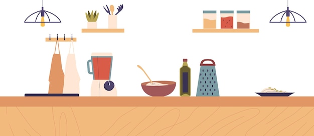 Configuración moderna de la cocina con varios utensilios de cocina e ingredientes de una manera limpia y organizada