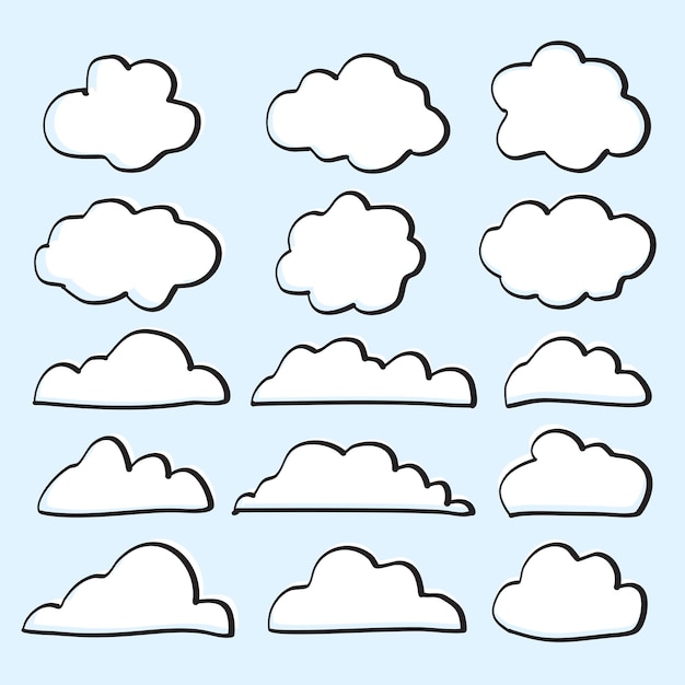 Configuración de nubes blancas aisladas sobre fondo azul con línea negra