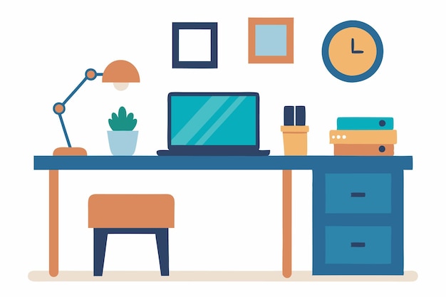 Configuración de la oficina en el hogar Espacio de trabajo acogedor con ilustración vectorial de escritorio y portátil