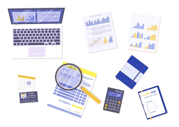 Configuración de la oficina de negocios y finanzas con documentos, computadora portátil y calculadora