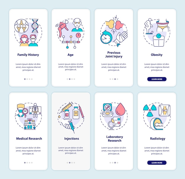 Configuración de la pantalla de la página de la aplicación móvil de incorporación de artritis. tutorial de factores de riesgo y prevención instrucciones gráficas de 4 pasos con conceptos. ui, ux, plantilla de vector de gui con ilustraciones en colores lineales
