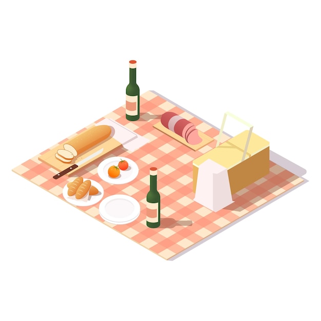 Configuración de picnic con pan, vino y comida en una manta a cuadros Ilustración isométrica sobre un fondo blanco Concepto de comedor al aire libre Ilustración vectorial