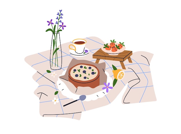 Configuración de picnic con pastel de té bayas frescas frutas en estilo acogedor cottagecore pastel de queso dulces flores de panadería en jarrón en una manta de tela Ilustración vectorial plana aislada sobre fondo blanco