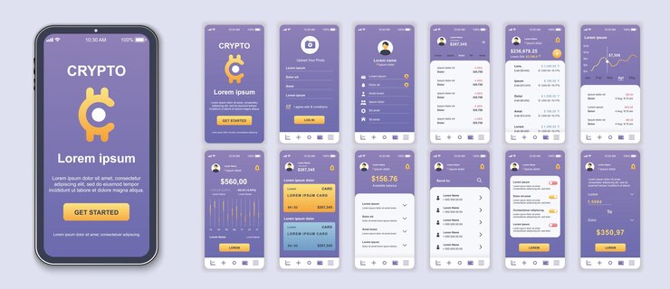 Vector configuración de plantillas de pantallas de interfaz de aplicaciones móviles de criptografía gráfico de ganancias de inicio de cuenta balanzo de ganancias tarjetas de crédito estadísticas de acciones paquete de ui ux gui kit para diseño web de aplicaciones diseño vectorial