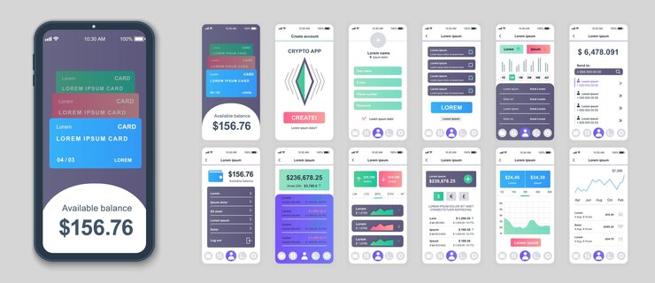 Vector configuración de plantillas de pantallas de interfaz de aplicaciones móviles criptográficas conjunto de plantillas en línea de cuentas de análisis financiero gráfico de ganancias plataforma de intercambio de divisas pacto de kit de ui ux gui para diseño web de aplicaciones diseño vectorial