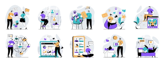 Configuración de plantillas de pantallas de interfaz de aplicaciones móviles de redes sociales Cuenta en línea amigos mensajes de chat publicaciones de fotos estadísticas de blogueo Pacto de kit de UI UX GUI para diseño web de aplicaciones Diseño vectorial