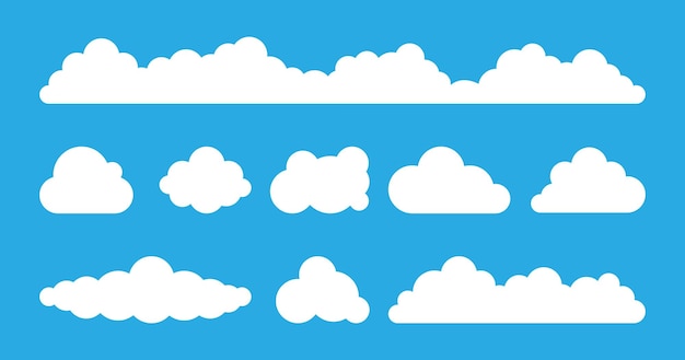 Configuración de símbolos vectoriales de nubes Nubes blancas en forma de dibujos animados estilo plano sobre fondo azul