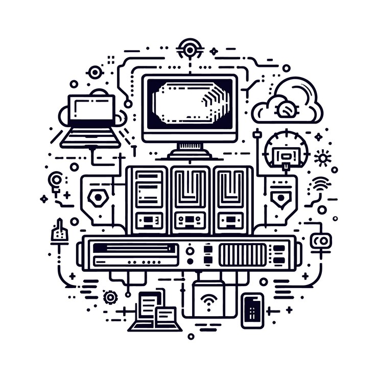 Vector configuración técnica dibujada a mano con computadora y dispositivos dibujo detallado de conexión de computadora y nube