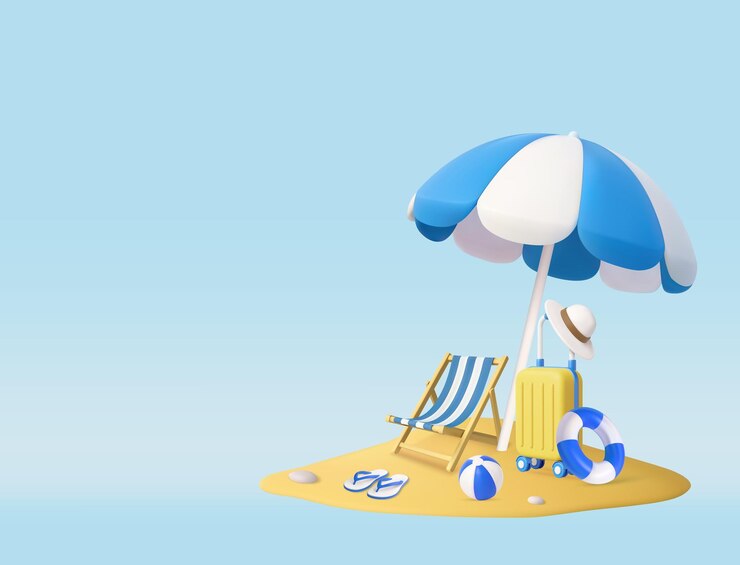 Vector configuración de vacaciones de playa tropical 3d con paraguas azules