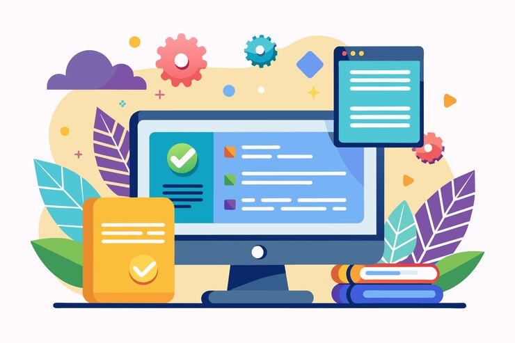 Vector una configuración vibrante que muestra una pantalla de computadora con scripts de codificación notas coloridas y decoraciones artísticas lenguaje de programación mejorado escritura de scripts ilustraciones planas