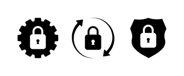 Configuraciones de protección de íconos Silueta negra actualización de seguridad protección clave bloqueo dentro de la engranaje llave bloqueo y escudo íconos vectoriales