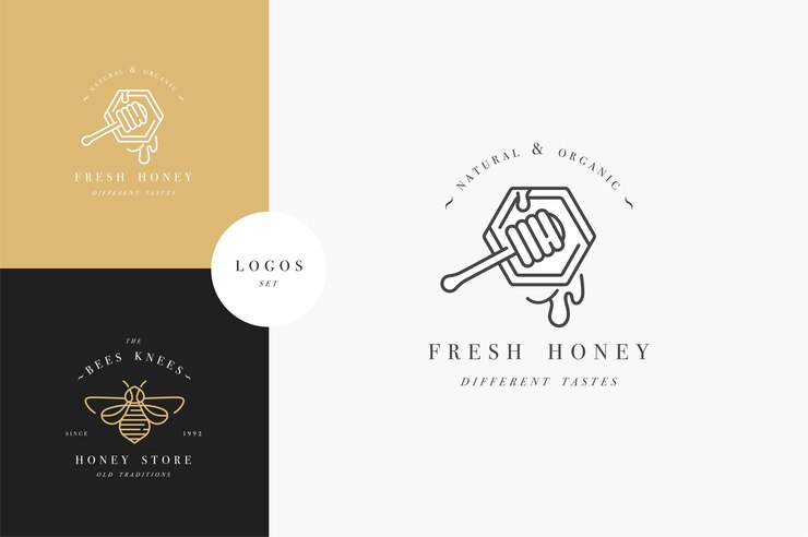 configurar logotipos de illustartion y diseñar plantillas o insignias. Etiquetas de miel orgánica y ecológica y etiquetas con abejas. Estilo lineal y color dorado.