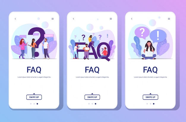 Configurar personas de raza mixta con signos de exclamación de preguntas utilizando dispositivos digitales centro de soporte en línea preguntas frecuentes concepto de preguntas frecuentes colección de pantallas de teléfonos inteligentes de longitud horizontal