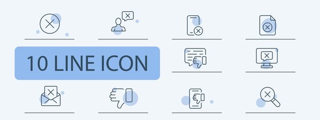 Vector configure el icono de cancelación mensaje pulgares hacia abajo prohibición de lupa control parental de teléfono inteligente estilo de icono de 10 líneas icono de línea vectorial para negocios y publicidad