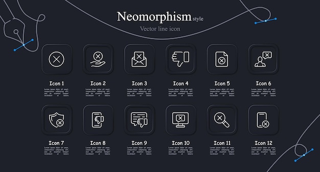 Configure el icono de cancelación Pulgares hacia abajo archivo cruzado escudo de lupa búsqueda estilo Neomorfismo icono de línea vectorial para negocios y publicidad
