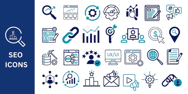 Configure el icono de SEO Optimización de motores de búsqueda icono de mercadotecnia de sitio web SEO icono de clasificación de tráfico
