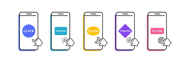 Configure el teléfono móvil con el puntero de la mano Toque y haga clic en la pantalla del teléfono inteligente Haga clic en el puntero de la mano en la pantalla del teléfono Ilustración vectorial