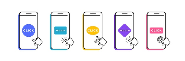 Configure el teléfono móvil con el puntero de la mano toque y haga clic en la pantalla del teléfono inteligente haga clic en el puntero de la mano en la pantalla del teléfono ilustración vectorial