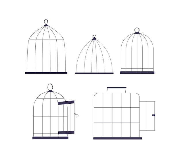 El confinamiento de celdas o jaulas para aves hechas de malla de alambre o barras proporciona un entorno seguro y controlado que permite la observación y el cuidado de aves de compañía Ilustración vectorial de dibujos animados