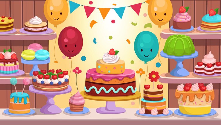 Vector confitería café o tienda de dulces pasteles y pasteles están en los estantes conjunto de pasteles navideños