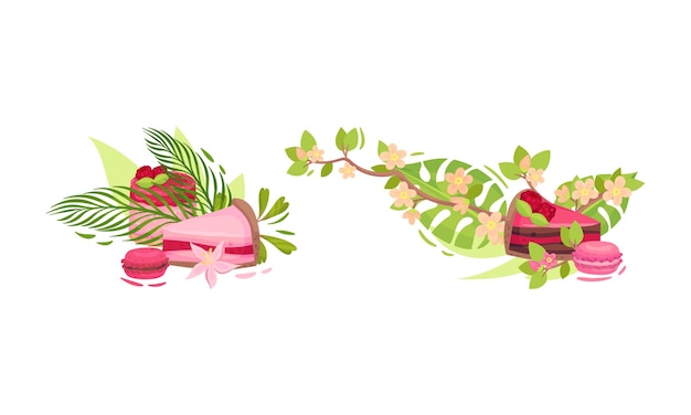Confitería rosada dulce y azucarada con follaje verde y conjunto de composición vectorial de flores