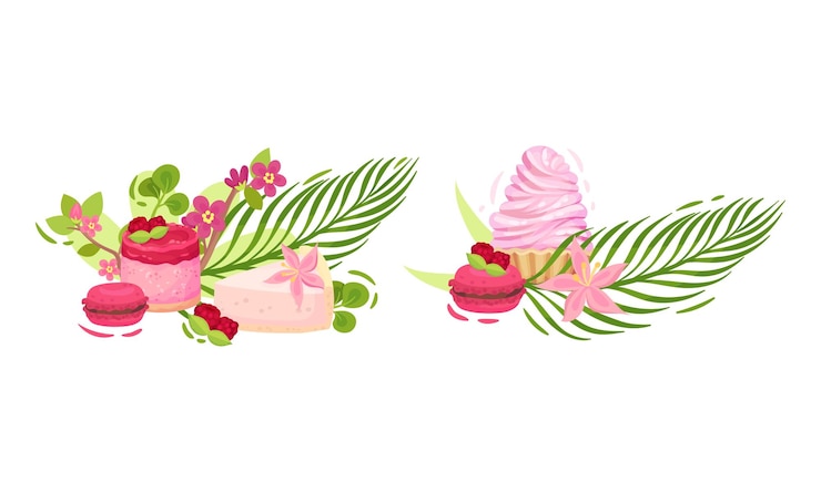 Vector confitería rosada dulce y azucarada con follaje verde y conjunto de composición vectorial de flores