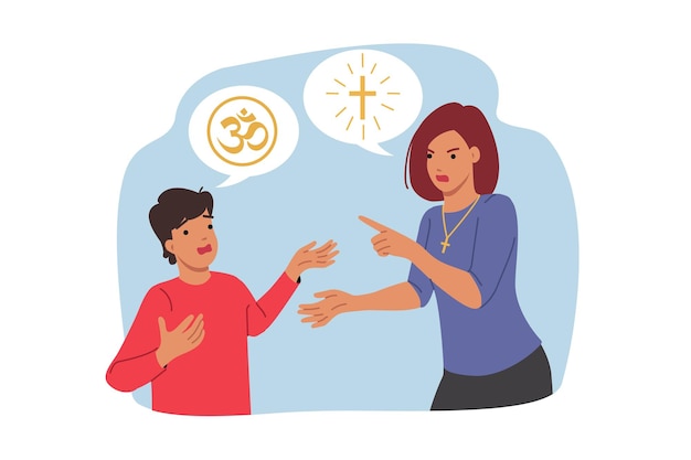 Conflicto religioso entre madre y hijo enojados debido a la adhesión a diferentes religiones