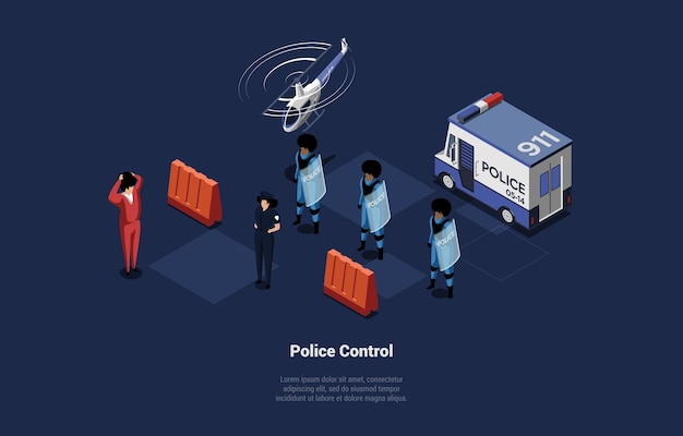 Confrontación y concepto de control policial orden de control policial en la ciudad fuerza de policía armada en guardia de orden con furgoneta policial y helicóptero en el aire dibujos animados isométricos 3d vector ilustración
