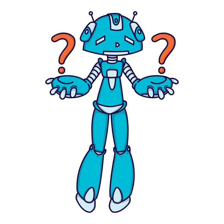 Vector confundido robot azul haciendo una pregunta.