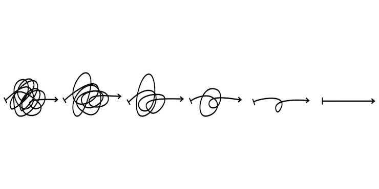 Vector confusión claridad o concepto de idea de vector de ruta. simplificando el complejo. línea desordenada como forma fácil y difícil. ilustración de vector de doodle.
