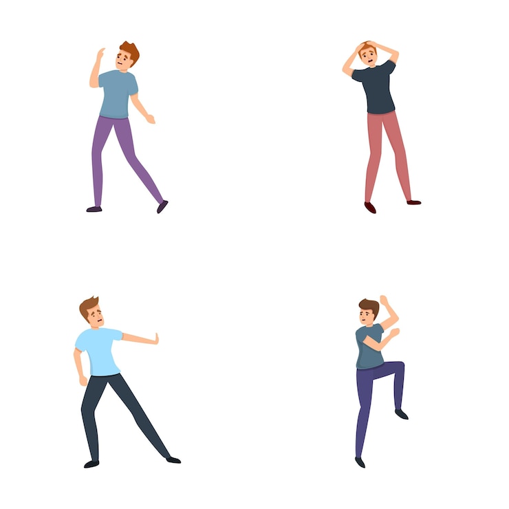 Vector confusión emoción iconos conjunto vector de dibujos animados personaje masculino asustado y confundido