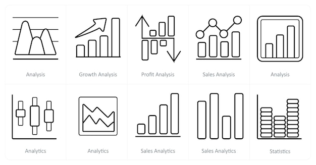 Un conjunto de 10 diagramas e íconos de informes como análisis de crecimiento análisis de ganancias análisis