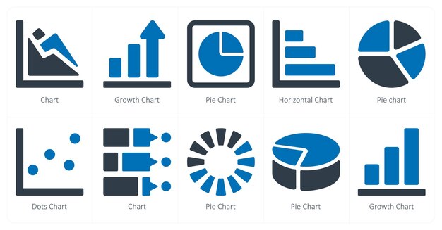 Un conjunto de 10 diagramas e iconos de informes como gráfico de crecimiento gráfico gráfico de pastel