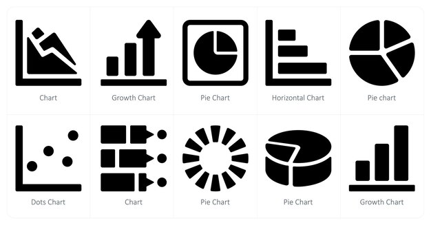 Un conjunto de 10 diagramas e iconos de informes como gráfico de crecimiento gráfico gráfico de pastel