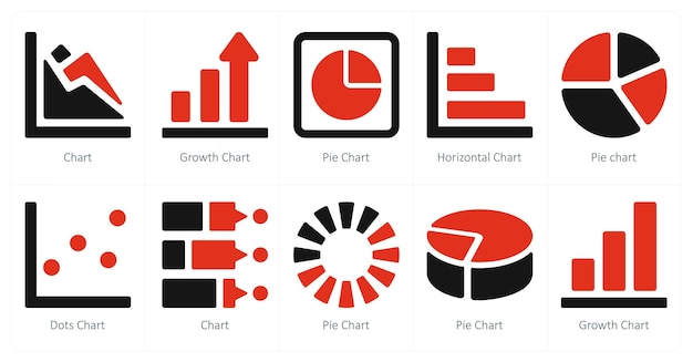 Un conjunto de 10 diagramas e iconos de informes como gráfico de crecimiento gráfico gráfico de pastel