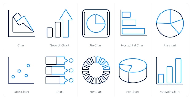 Un conjunto de 10 diagramas e iconos de informes como gráfico de crecimiento gráfico gráfico de pastel