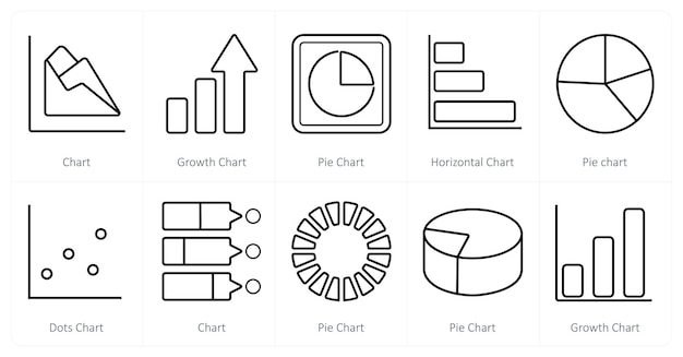 Un conjunto de 10 diagramas e iconos de informes como gráfico de crecimiento gráfico gráfico de pastel
