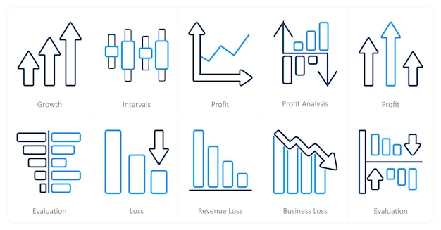 Un conjunto de 10 diagramas e iconos de informes como intervalos de crecimiento ganancias