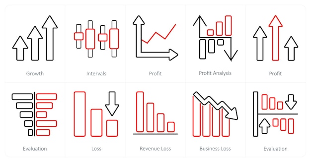 Un conjunto de 10 diagramas e iconos de informes como intervalos de crecimiento ganancias