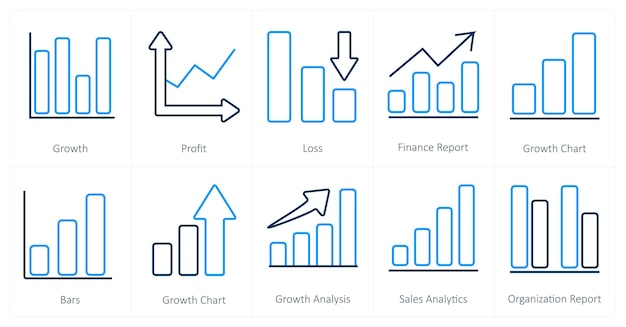 Un conjunto de 10 diagramas e iconos de informes como pérdida de ganancias de crecimiento