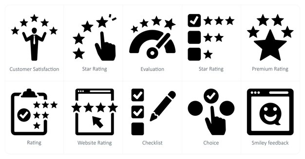 Un conjunto de 10 encuestas y iconos de calificación como evaluación de calificación de estrellas de satifsfaction del cliente
