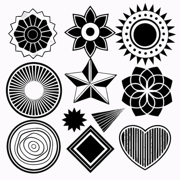 Conjunto de 10 formas geométricas que incluyen estrellas, corazones, círculos y más