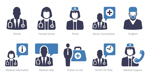 Un conjunto de 10 iconas médicas como médico médico mujer enfermera