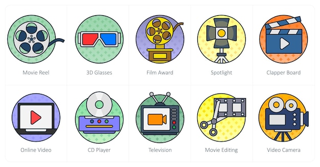 Un conjunto de 10 iconas de películas como rollo de película gafas 3D premio de película